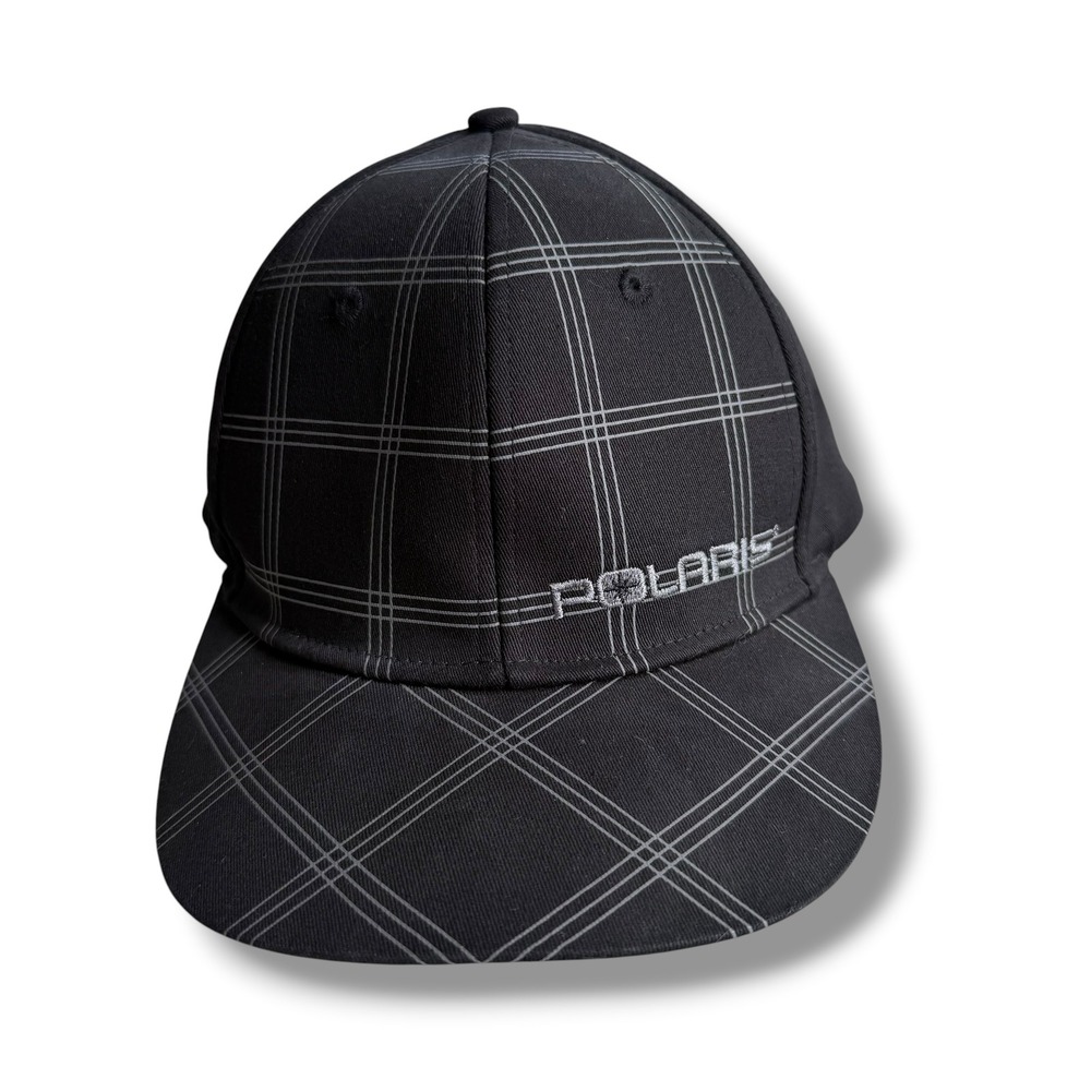 Polaris FlexFit Mens S/M Black Grey Grid Plaid Embroidered Fitted Hat Powersport